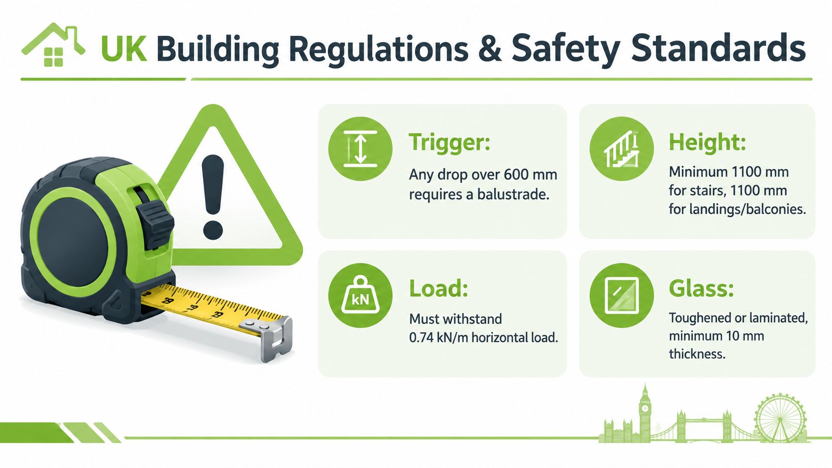 An infographic detailing UK building regulations and safety standards for installing glass balustrades.