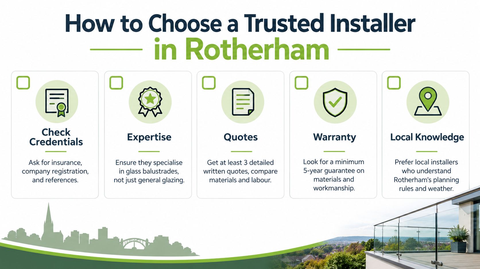 An infographic showing five essential tips for selecting a trusted glass balustrade installer in Rotherham.