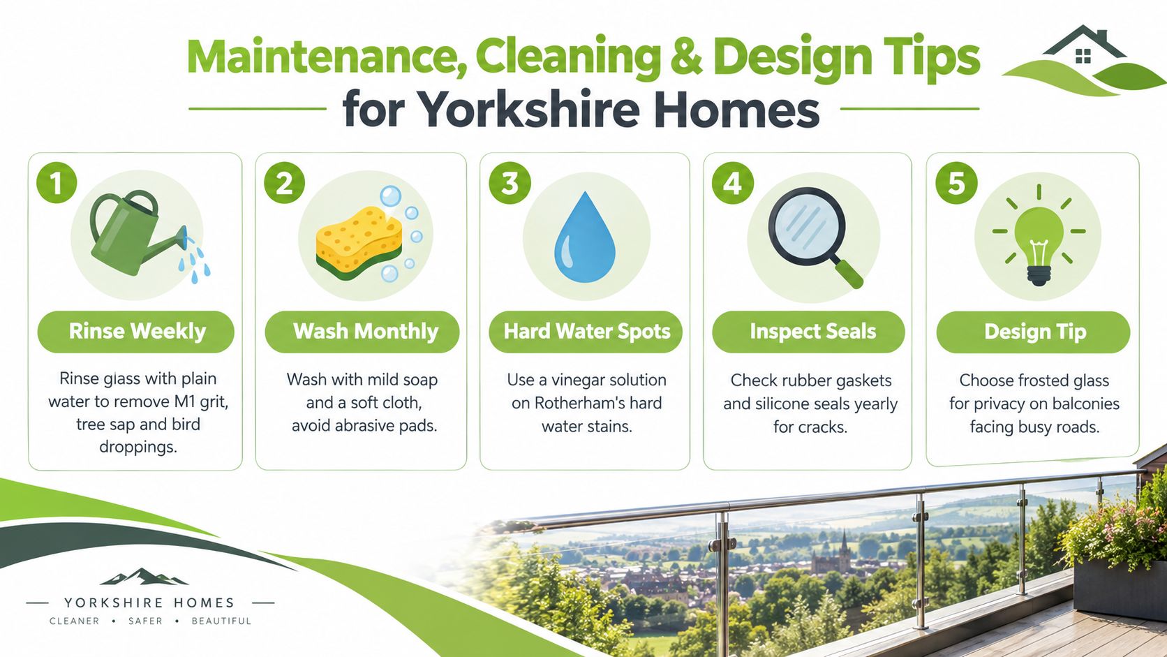 An infographic titled Maintenance, Cleaning & Design Tips for Yorkshire Homes detailing five tips for glass balustrades.