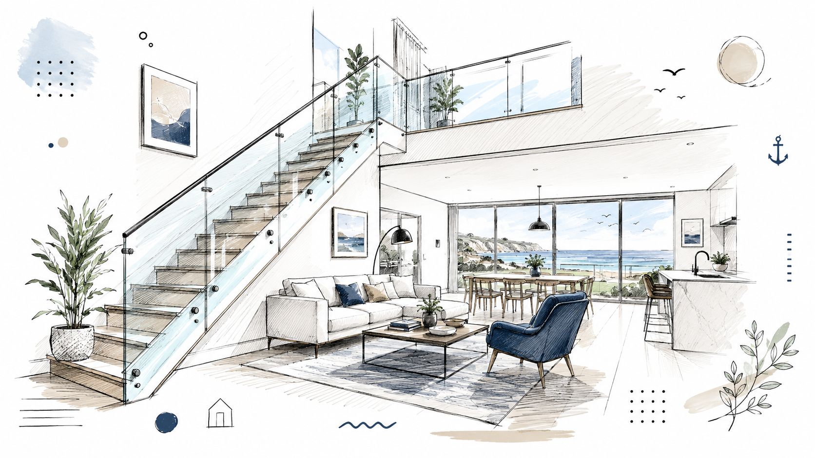 A sketch of a modern open-concept interior featuring glass balustrades, a cozy living area, and ocean views.
