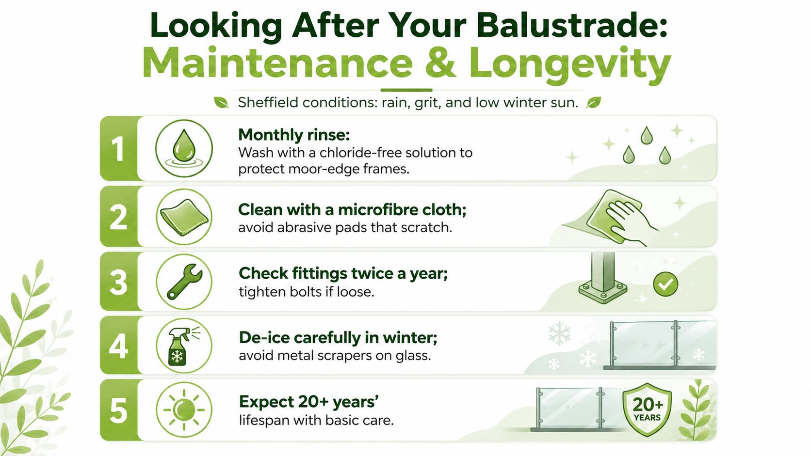A five-step infographic guide on maintaining glass balustrades to ensure longevity in Sheffield weather conditions.