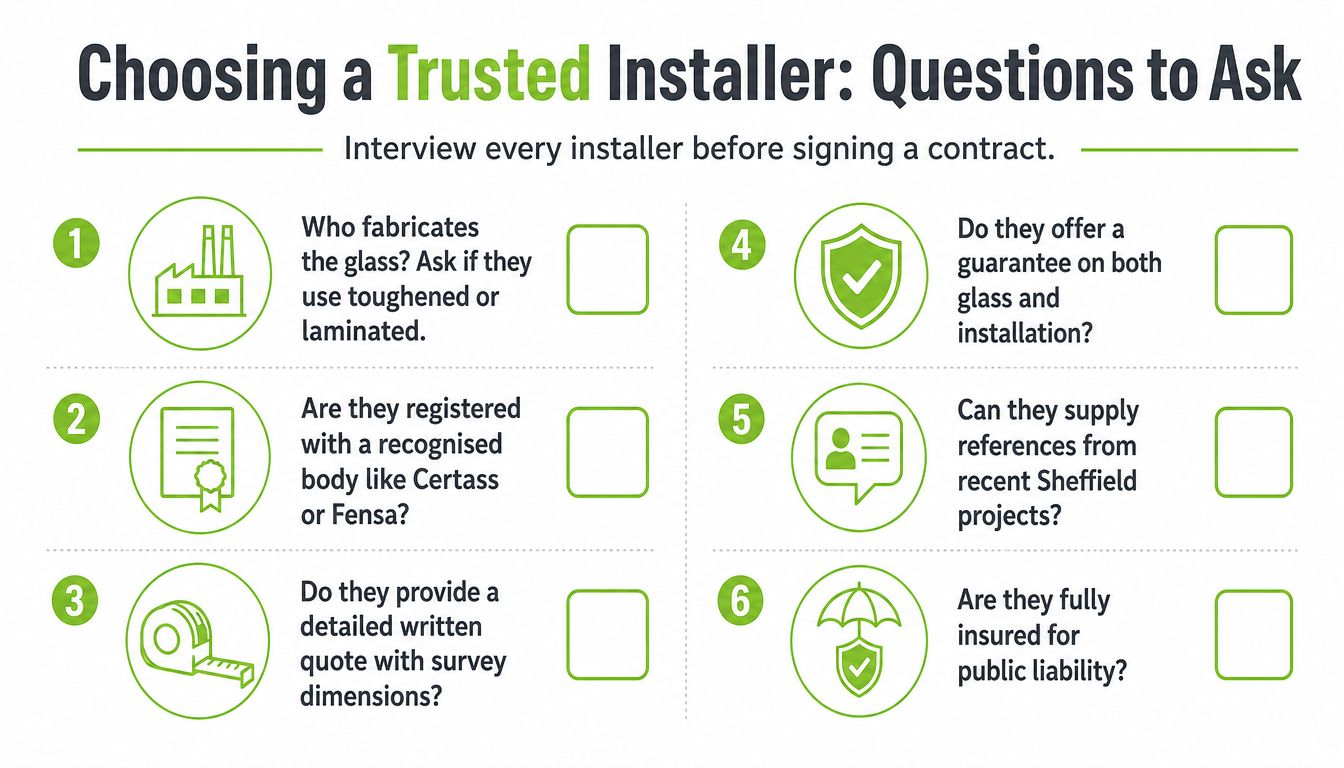 An infographic titled Choosing a Trusted Installer listing six essential questions to ask when hiring contractors.