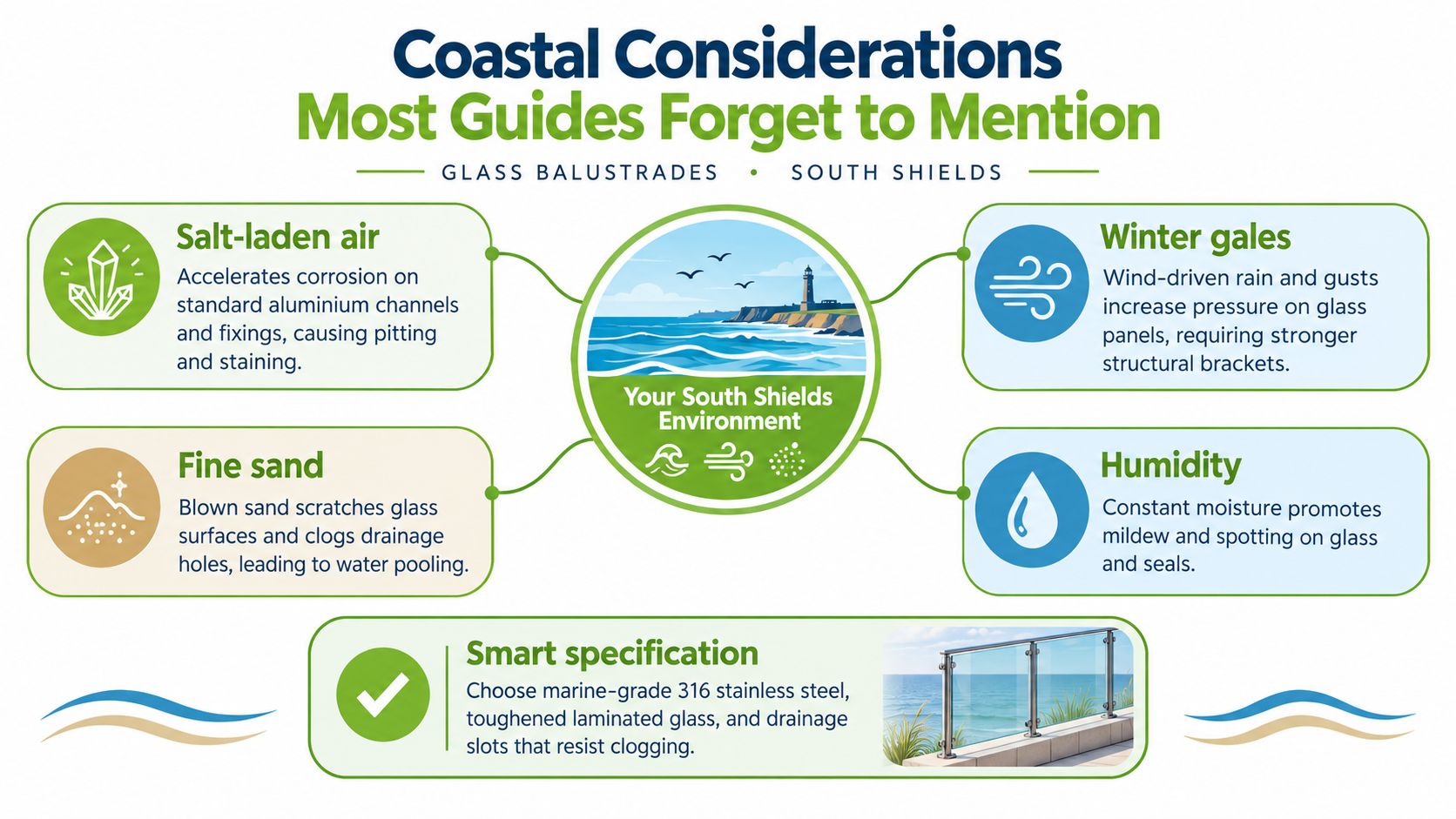 An infographic detailing environmental factors for installing glass balustrades in coastal areas like South Shields.