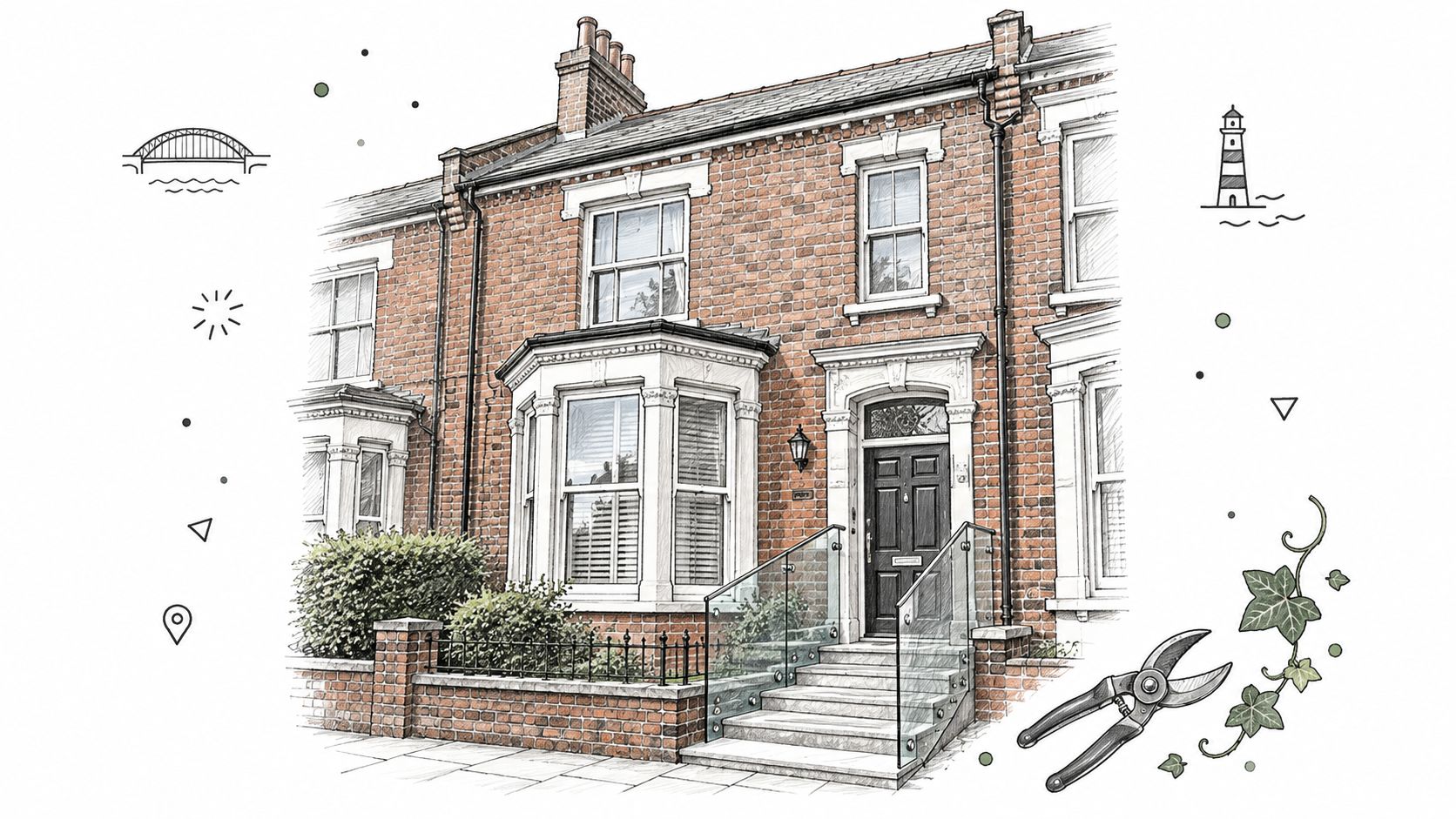A sketched illustration of a Victorian terraced house featuring modern glass balustrades on the front steps.