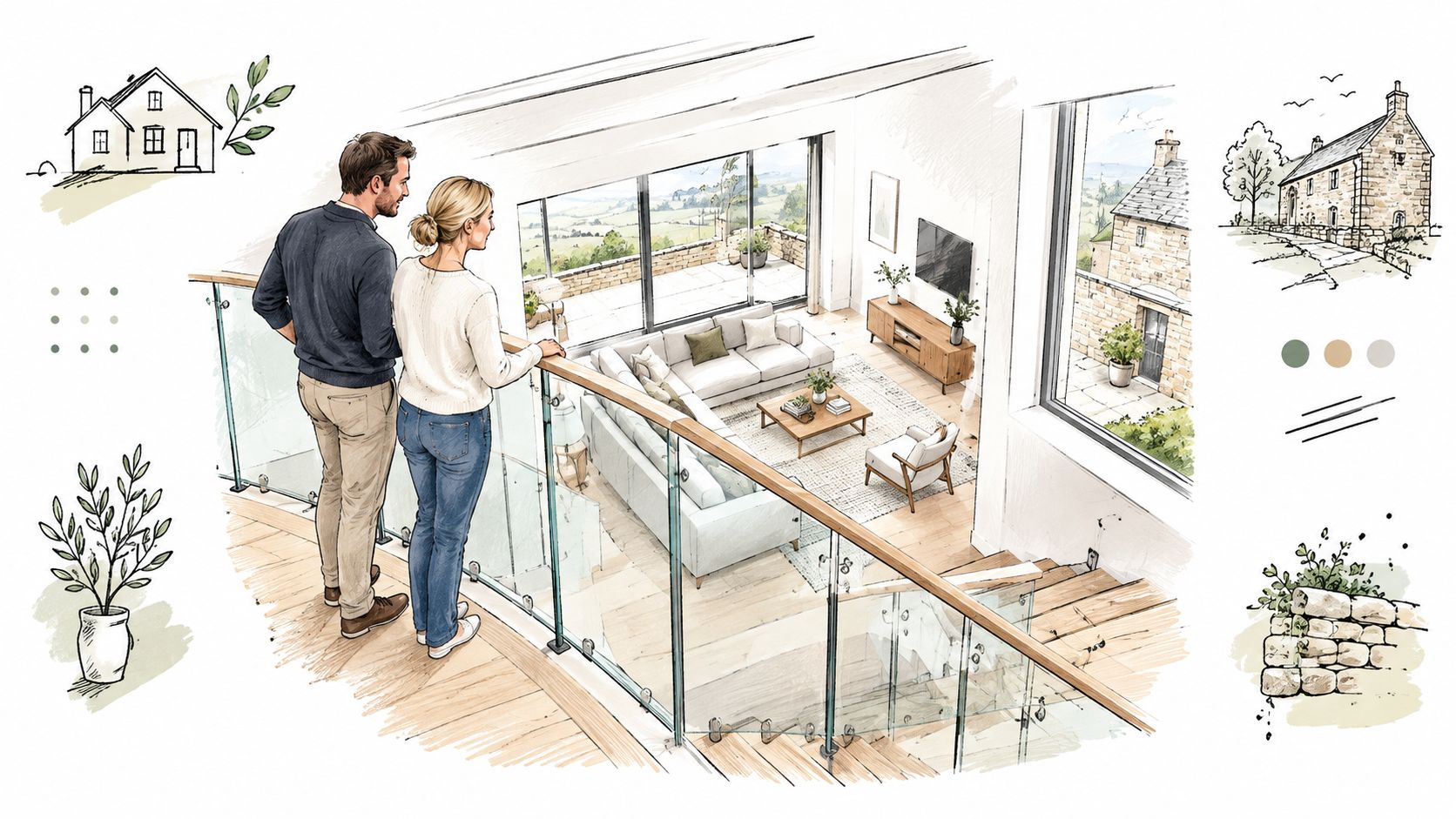 A couple stands on a modern balcony with glass balustrades looking down into their elegant living room.