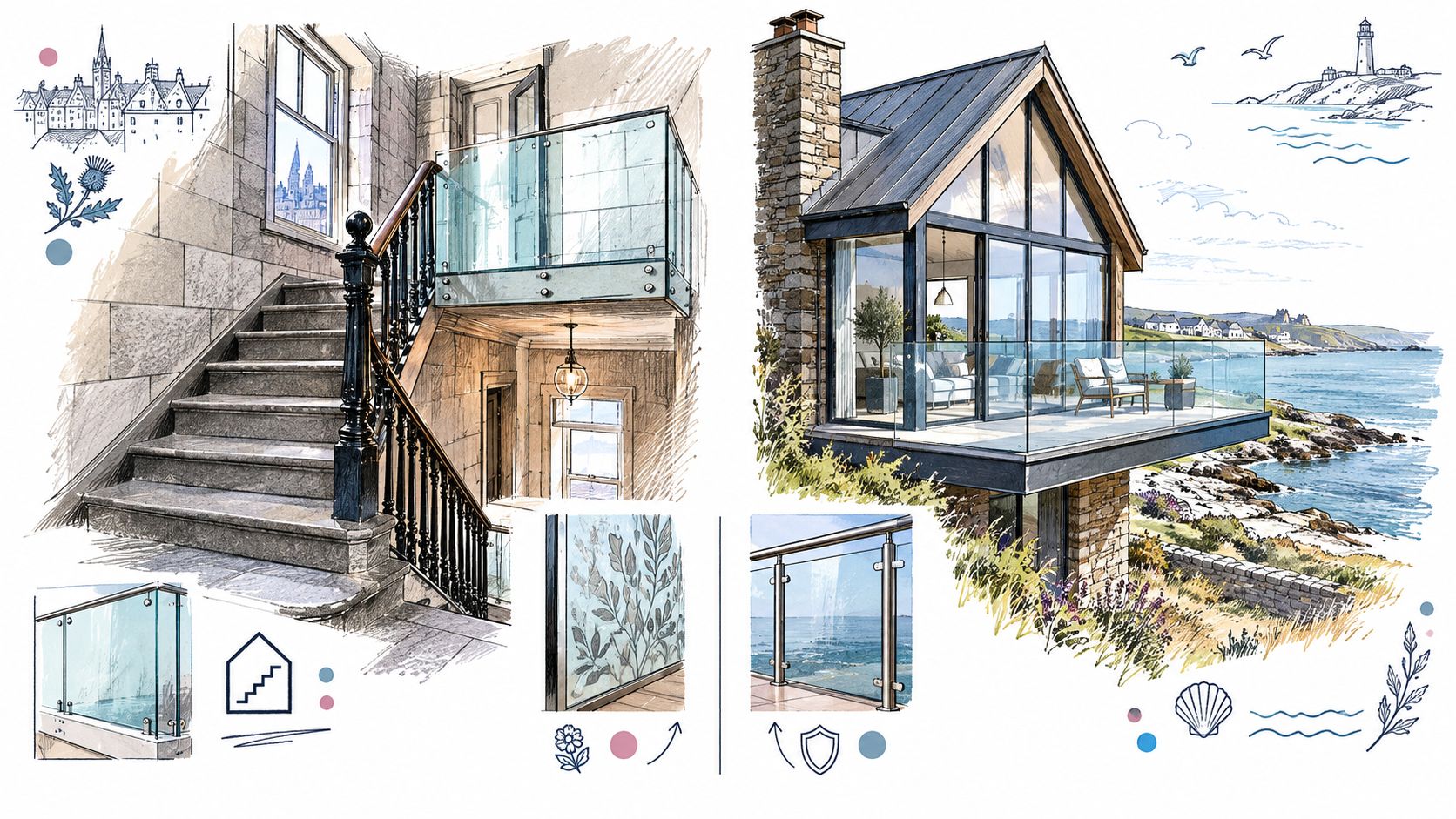 An artistic architectural illustration showcasing interior and exterior glass balustrade designs for modern and historic homes in Aberdeen.