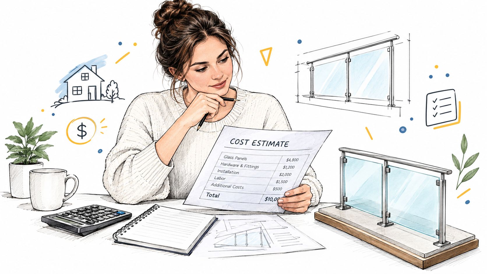 A woman reviewing a cost estimate for glass balustrades while sitting at a desk with project documents.