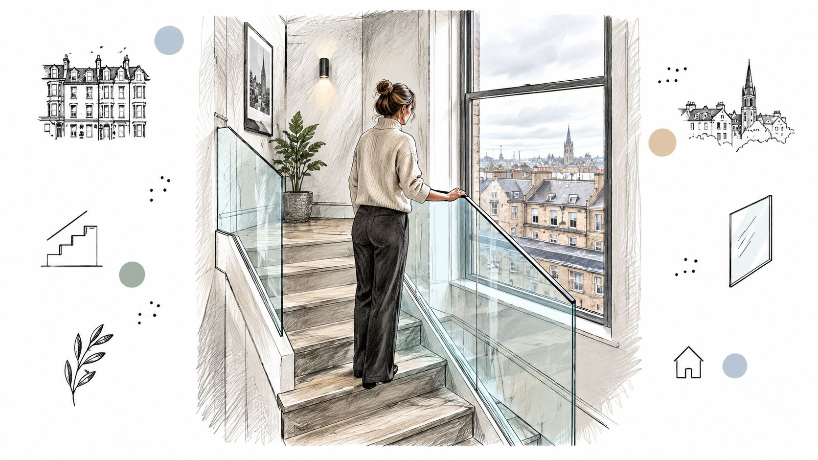 A woman stands on a modern staircase with glass balustrades looking out at a scenic Glasgow cityscape.