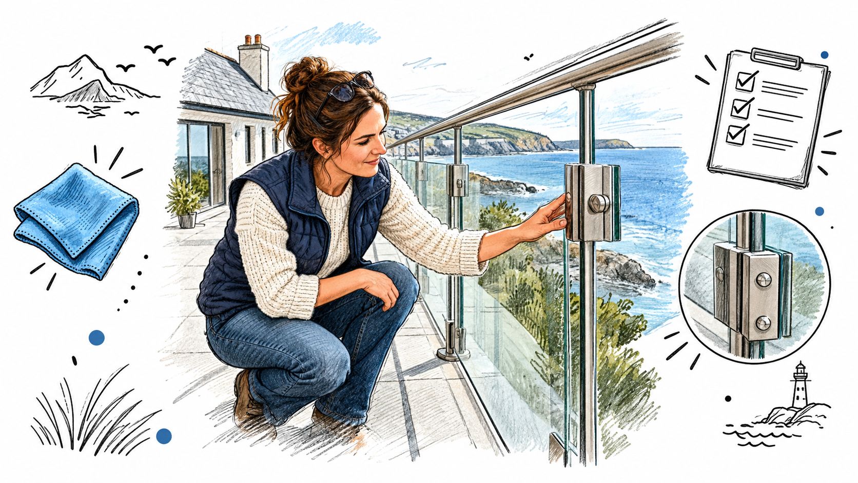 A woman inspecting the secure glass balustrade railing on a seaside terrace with a coastal view.