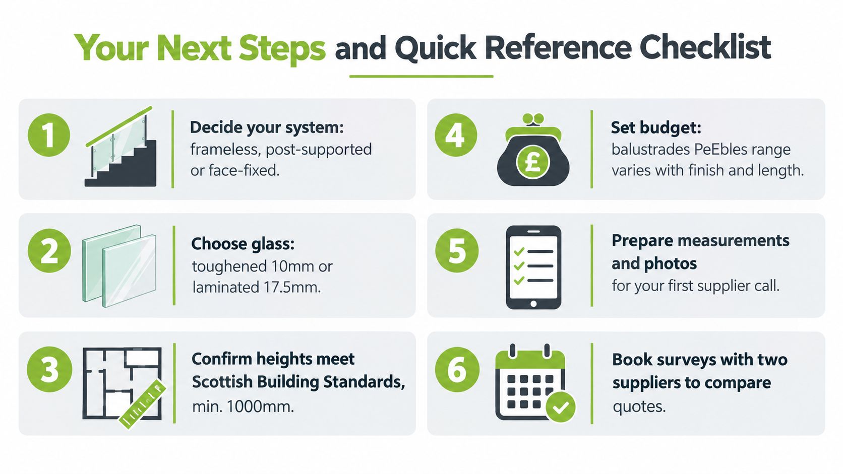 A six-step checklist for planning and purchasing custom glass balustrades for properties in Peebles, Scotland.