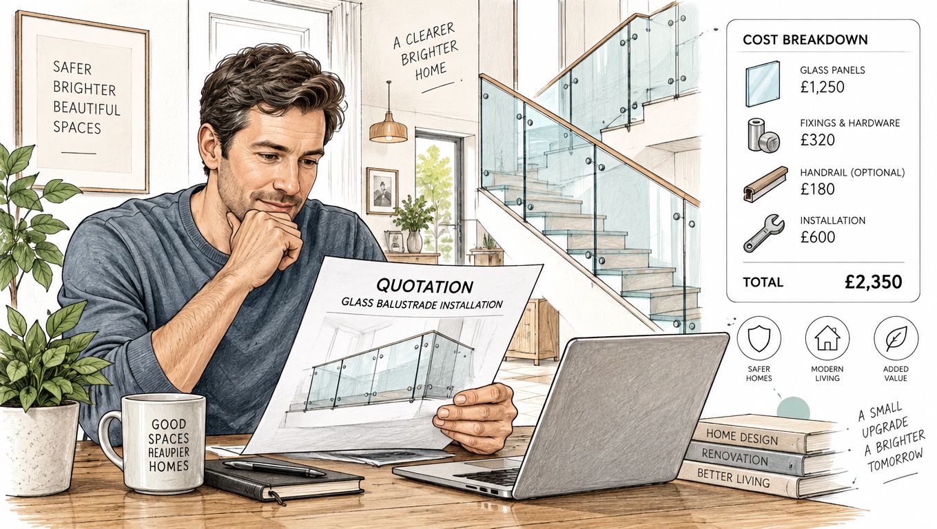 A man reviewing a glass balustrade quotation for home renovation on a wooden table with a laptop.