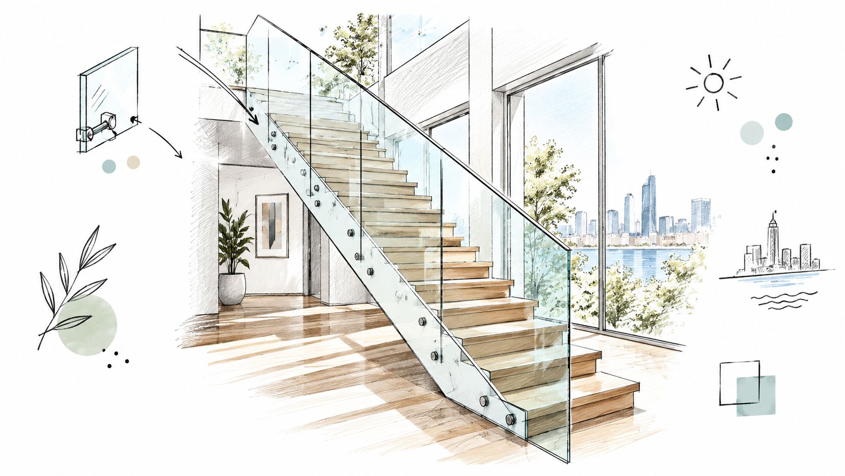 A detailed architectural sketch of a modern staircase featuring a sleek glass balustrade overlooking a city skyline.
