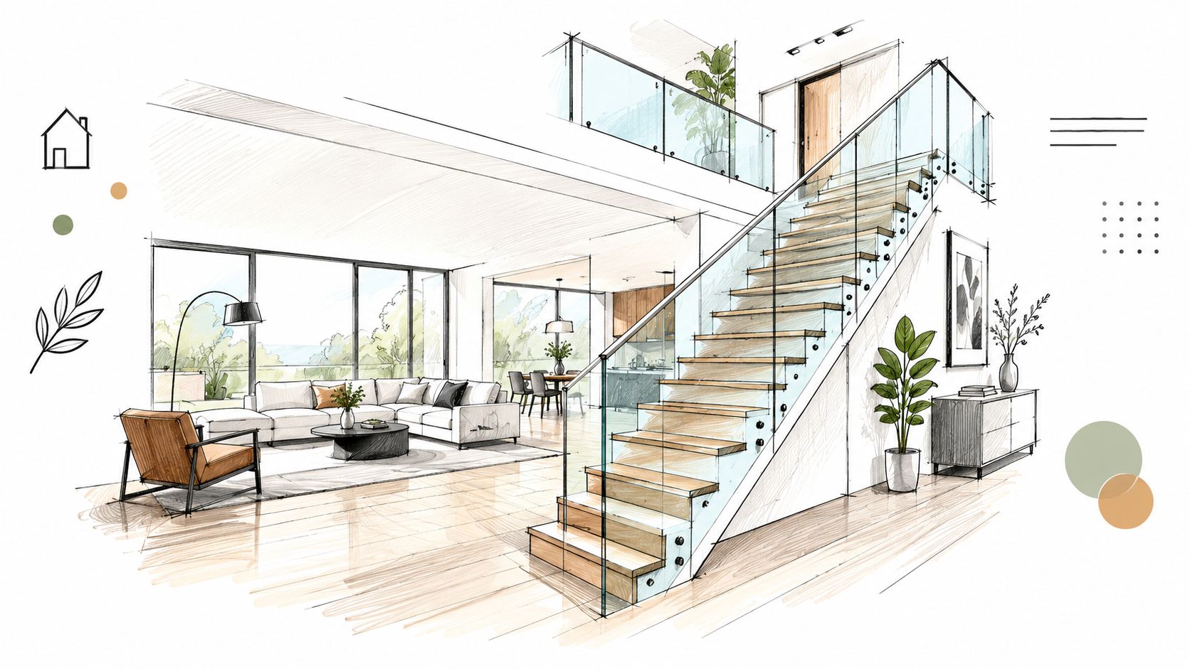 A modern open-plan living room featuring wooden stairs with stylish glass balustrades and contemporary minimalist decor.