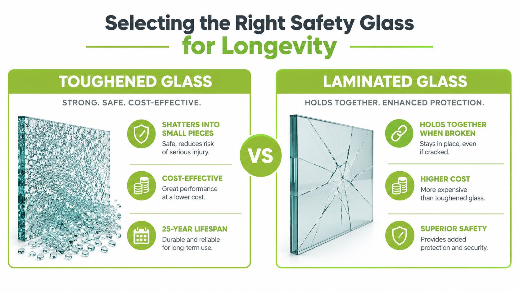 A comparison infographic between toughened glass and laminated glass highlighting their safety benefits and cost differences for consumers.